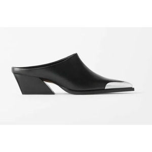 NWT Zara Cowboy Leather Heeled Mules Clogs SZ 6B Black Silver 5244/001 Spain $99